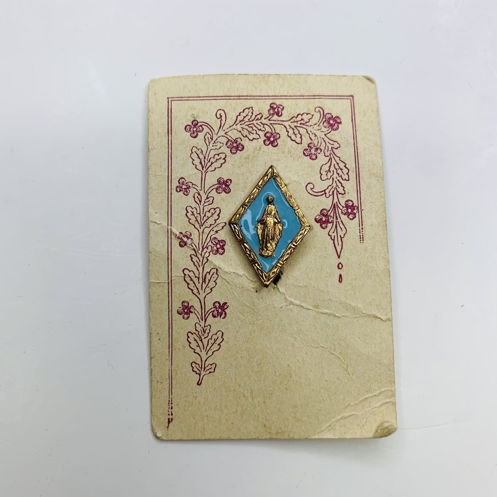 VTG Gold Tone Metal Blue Enamel Miraculous Medal Mary‎ Catholic Lapel Pin M21